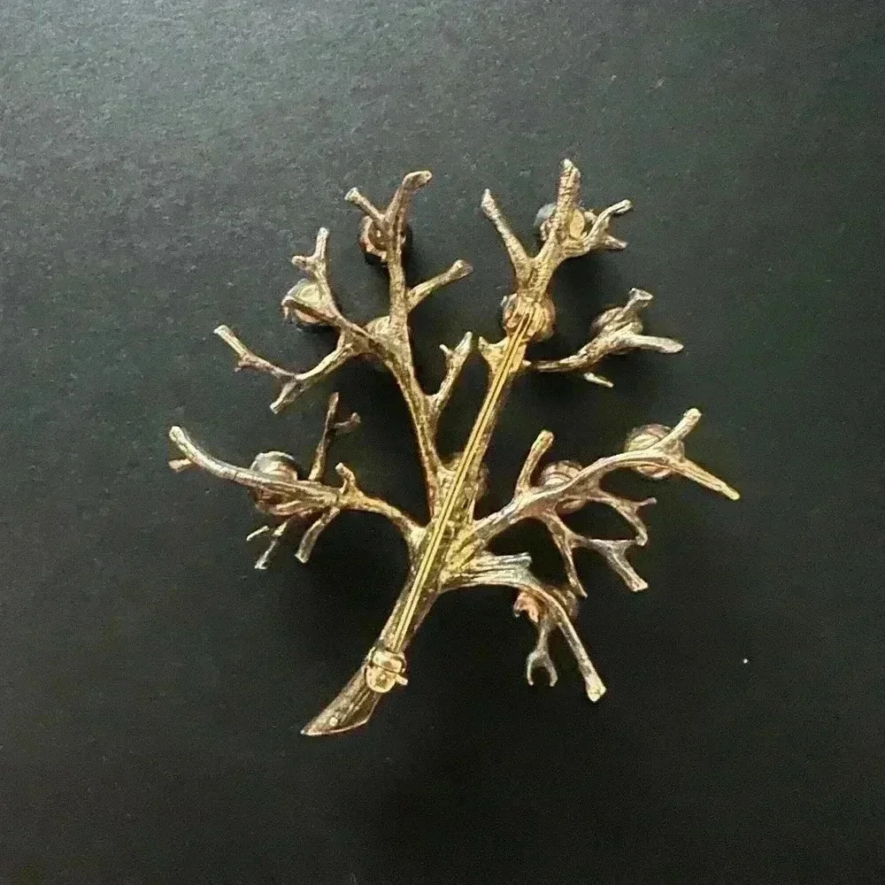 Vintage Tree of Life Family Tree Brooch Costume Golden Rhinestones